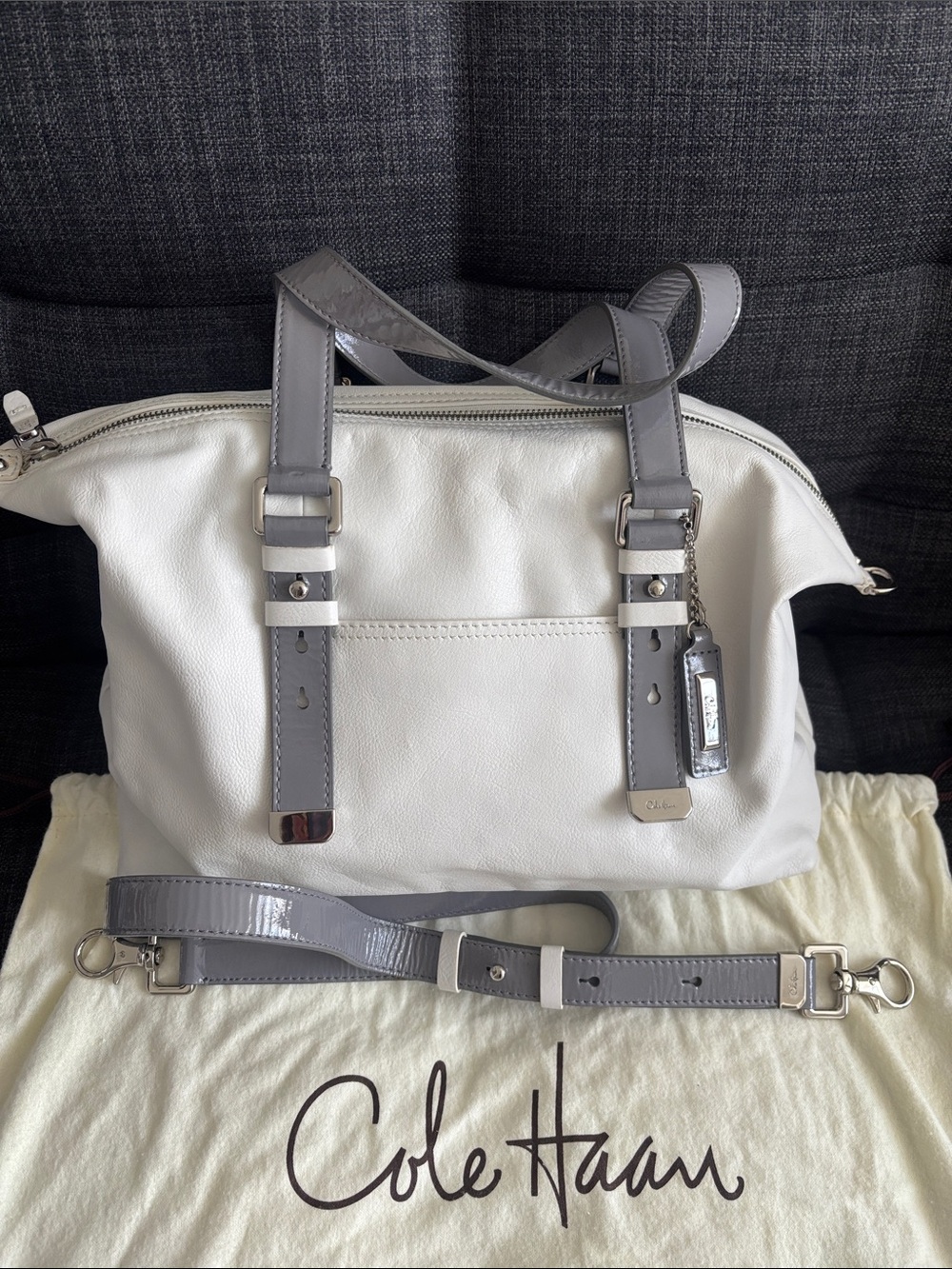 Cole Haan White Leather Shoulder Tote with Gray Trim